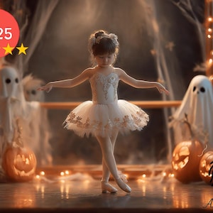Adorable ghosts and pumpkins on a stage for a ballerina digital backdrop, ballet studio, Stock Photo, TikTok, Instagram, Custom Cute Card
