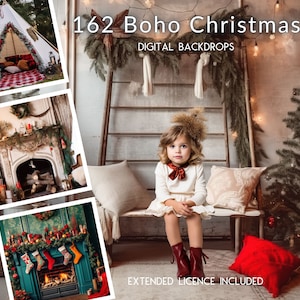 162 Boho Christmas CG Toiles de fond numériques, Rustique, vacances vintage, Boho Winter, Carte de vœux numérique, Instagram, TikTok, Photo personnalisée