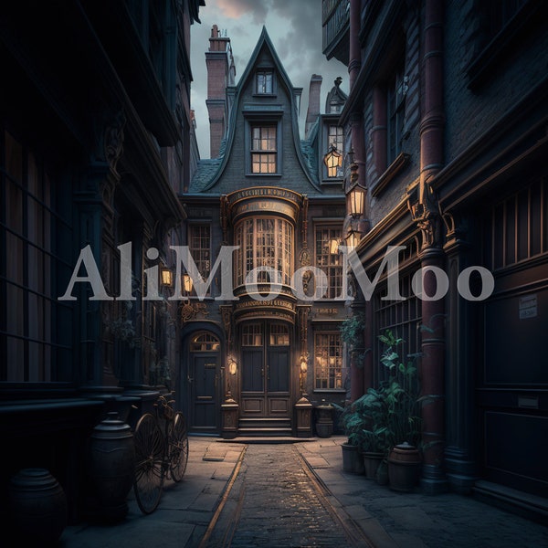 Magic Wizard Alley CG Digitale Kulisse, Wizard Stock, Gothic Shops, Schloss, Zaubererschule, Hexenbibliothek, Boy Wizard, Witch Store