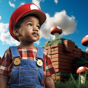 Um cenário digital CG inspirado em super videogame, jogador, Super Mario, digital, mega pacote, álbum de recortes, sessão de fotos, plano de fundo de ação