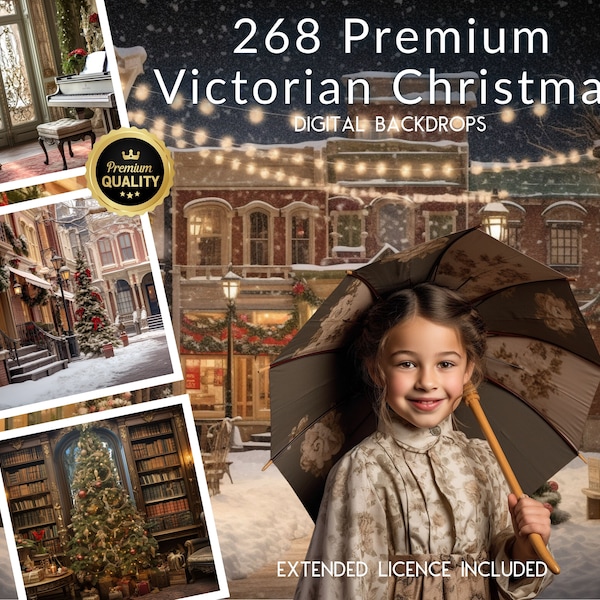 268 décors numériques CG de Noël victorien de qualité supérieure, devantures de magasins de vacances, salons, bibliothèque, TikTok, Instagram, maison victorienne