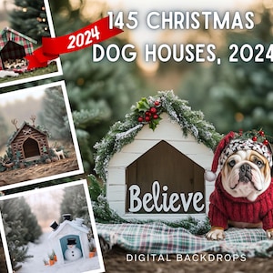 145 toiles de fond numériques de Noël pour chien, CG, stock de Noël pour animaux de compagnie, niche pour chat en hiver, carte personnalisée pour animal de compagnie, carte de Noël pour animal de compagnie, TikTok, Instagram