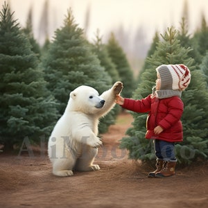 Un adorable bébé ours polaire dans une ferme d’arbres de Noël CG Toile de fond numérique, Ours polaire atteignant, Toile de fond de vacances, Instagram, TikTok, Carte