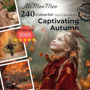 Peut inclure: Publicité pour des décors numériques "Ali Moo Moo" sur le thème de l'automne, avec le texte "Captivating Autumn". L'image présente des enfants dans des scènes automnales, dont une fille avec des oiseaux et un garçon courant. Le texte "BESTSELLER 2025" est également visible.