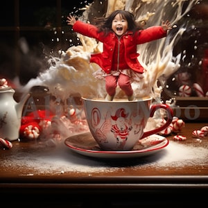 Eine Weihnachts-Tasse mit Spritzern, digitaler Hintergrund, Weihnachten heiße Schokolade, lustige Weihnachten, Kid in a Mug Backdrop, Lager, Instagram, TikTok