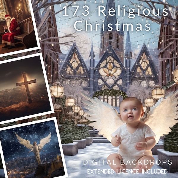 178 Religious Christmas CG Digital Backdrops, The Nativity, Church Interior and Exteriors, The Holy Land, Starry Nights, Praying Santa, Baby