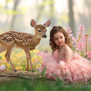 Toile de fond adorable faon dans les bois, arrière-plan de Pâques, bûche tombée au printemps, TikTok, Instagram, animal de compagnie et enfant, fleurs, lumineux, bokeh