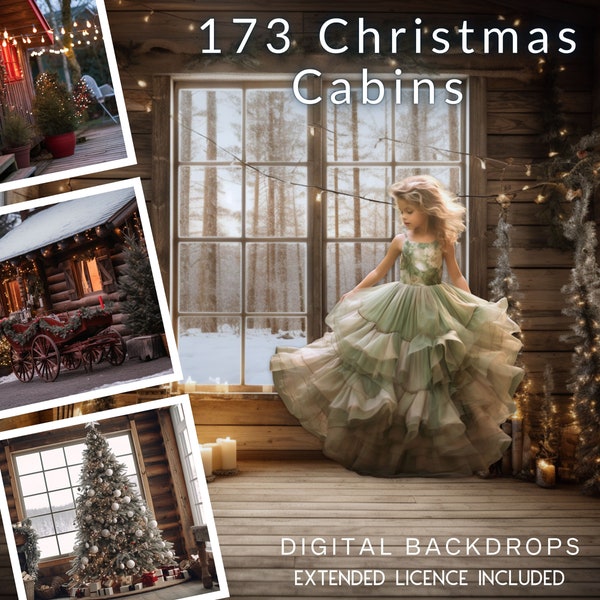 173 Rustic Christmas Cabin CG Digital Backdrops, Christmas stock, Winter Background, Reindeer and Santa, Christmas Tree, Custom, TikTok