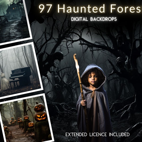 97 Haunted Forest Digitale Kulissen, Haunted Woods Hintergrund, Geister, verlassenes Herrenhaus, Instagram, TikTok, Halloween Kulisse, Nacht