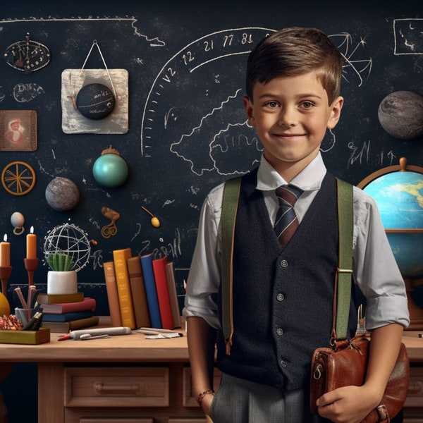 A back-to-school CG digital backdrop with blackboard, globes, and school supplies, scrap book, influencer, vintage class scene, composite