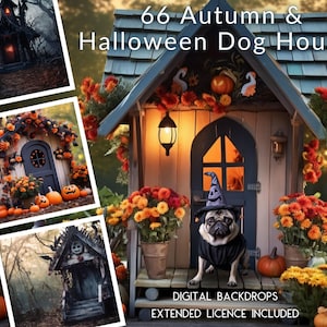 66 Halloween and Autumn Dog House CG Digital Backdrops, Fall Dog Houses, Custom Pet Card Pet Halloween Card, TikTok, Instagram, Haunted