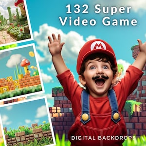 132 Super-Videospiele inspirierte digitale Kulissen, Gamer, Mario, Digital, Mega Bundle, Scrapbook, Foto-Session, Action-Hintergründe