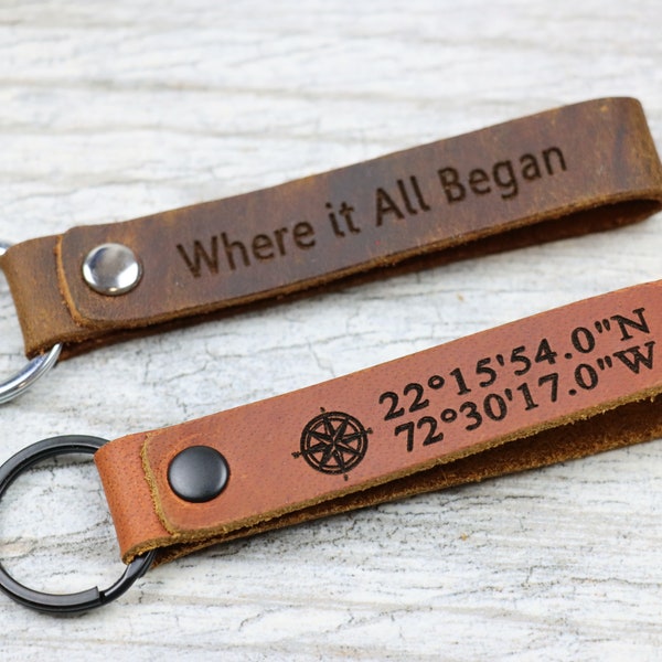 Customized Keychain, Personalized Leather Keychain, Custom Leather Key chain, Latitude Longitude Keychain, Coordinates key chain, Keychain