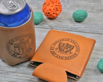 Personalized College Faux Leather Can Cooler, Grad Gift