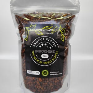 Organic Kampot pepper, Cambodian red pepper, gourmet pepper, red peppercorns, organic spices, gourmet spices, Kampot Peppercorns.