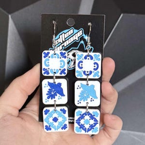 Acrylic Spanish Tile Inspired Blue Bird Architecture Art Earrings