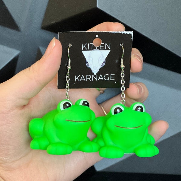 Miniature 3D Functional Squeaky Green Frog Earrings