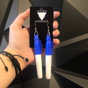 Working Miniature Blue Sharpie Marker Earrings
