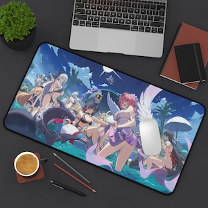 May include: A rectangular desk mat featuring a vibrant anime-style illustration of multiple characters in swimwear at a beach. The scene includes blue water, palm trees, a bright sun, and a large shark-like creature, all rendered in a colorful, detailed art style.