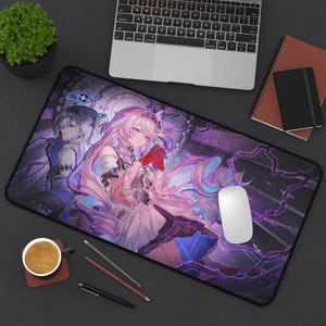 May include: A large rectangular mousepad featuring a vibrant anime-style illustration of a female character with pink hair and a red accessory. The design incorporates shades of purple and blue, with a detailed background and a white mouse.