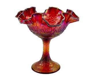 Fenton Red Persian Medallion Carnival Glass Crimped Ruffled Compote