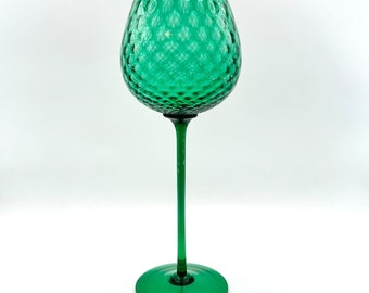 Retro Mod Diamond Optic Emerald Green EMPOLI Glass Goblet Vase 16”