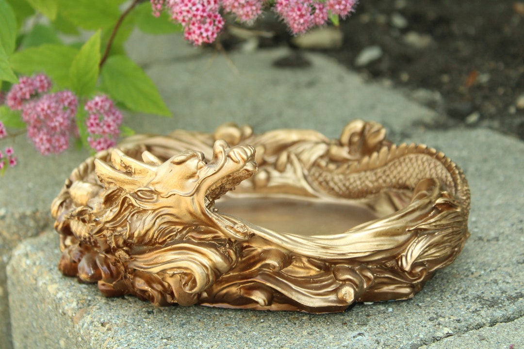Handmade Golden Dragon Ashtray with Relief Dragon Pattern and Comes with Fast USA Shipping