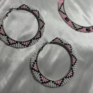 Beaded White Pink & Black Hoop Earrings (2.4 inches across)