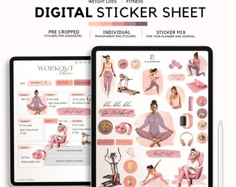 Hoja de pegatinas digitales de fitness y pérdida de peso para iPad Planner, paquete de pegatinas modernas estéticas Goodnotes y notabilidad, prerecortado y png