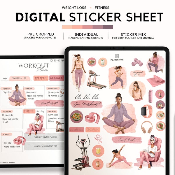 Fitness and Weight Loss Digital Sticker Sheet for iPad Planner, Aesthetic Modern Sticker Pack Goodnotes and Notability, Pre Cropped and Png