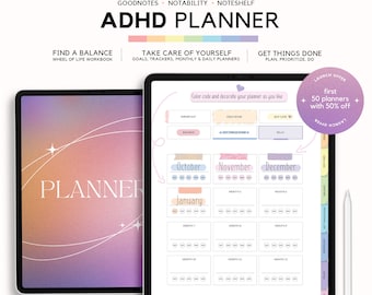 ADHD Digital Planner for Adults, Self Care Journal, Life Balance Workbook, Undated, Hourly Planner, Hyperlinked for Goodnotes, Notability