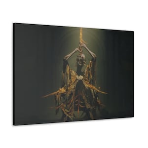 May include: A skeletal figure in a tattered, gold-colored robe holds a wooden staff above its head. The figure is posed in a dramatic, almost theatrical manner, with its arms raised and its head tilted back. The background is a dark, shadowy space, creating a sense of mystery and intrigue.