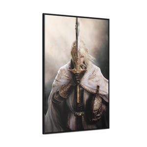 May include: A figure in a white robe holds a silver sword in front of their face. The sword has a golden hilt and a silver blade. The figure is standing in a misty, ethereal setting.