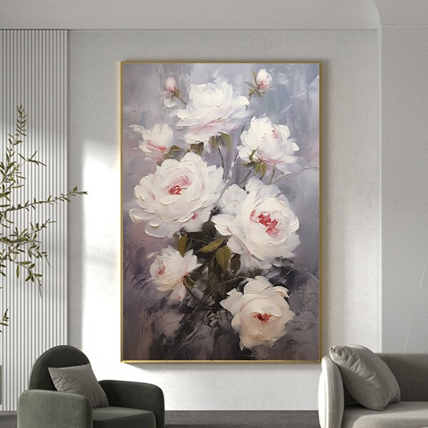 Peinture à l’huile abstraite de pivoine blanche sur toile, peinture originale de fleurs en fleurs, peinture personnalisée, art mural texturé, décoration de la maison du salon