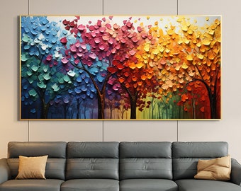 Pintura al óleo original del bosque de otoño sobre lienzo, pintura abstracta del paisaje de la naturaleza, decoración personalizada del hogar de la sala de estar, arte moderno de la pared colorida