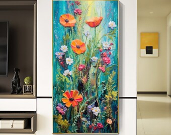 Abstract Colorful Flower Oil Painting on Canvas, Original Plants Painting, Floral Room Decor, Livingroom Wall Decor, Large Textured Wall Art