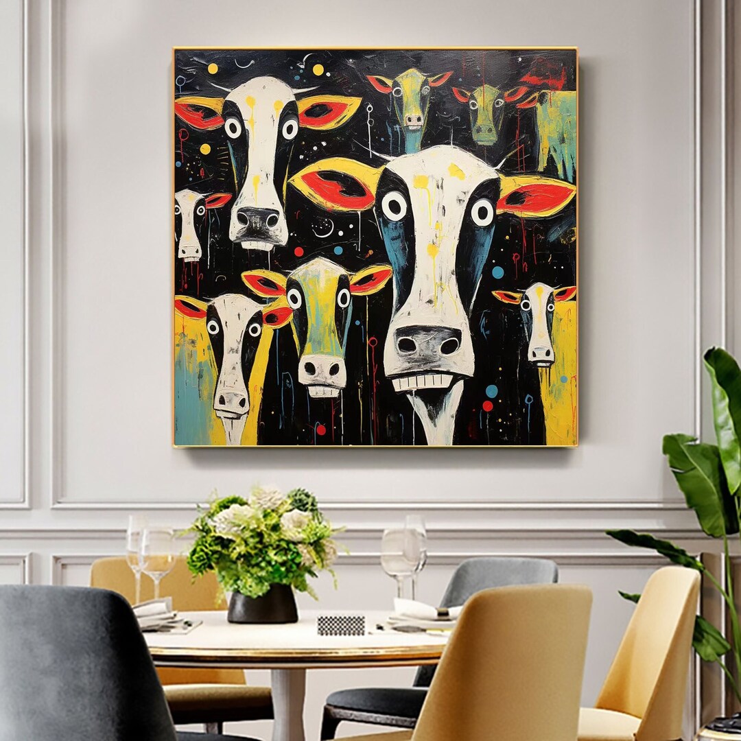 Large Original Funny Animal Oil Painting on Canvas, Abstract Milk Cow Painting, Modern Wall Art