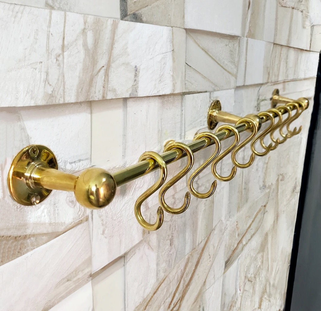 Gold Brass Pot Rack Rustic Wall Mounted Unlacquered Brass Pot Etsy