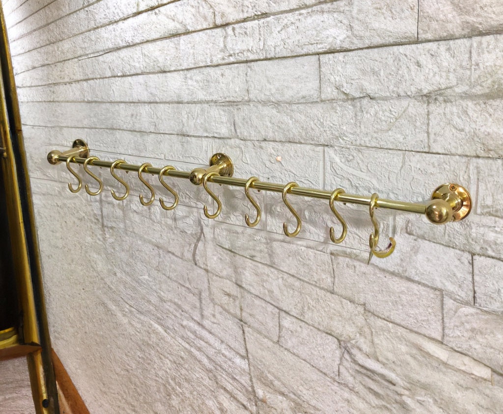 Gold Brass Pot Rack Rustic Wall Mounted Unlacquered Brass Pot Etsy