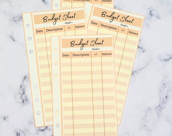 May include: Four printable budget sheets with the title "Budget Sheet" and columns for date, description, +/- and balance.
