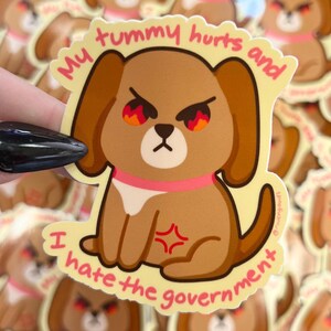 Tummy Hurts, Hate Gov || Cute Dog Sticker || 3&quot; Sticker || Glossy ||