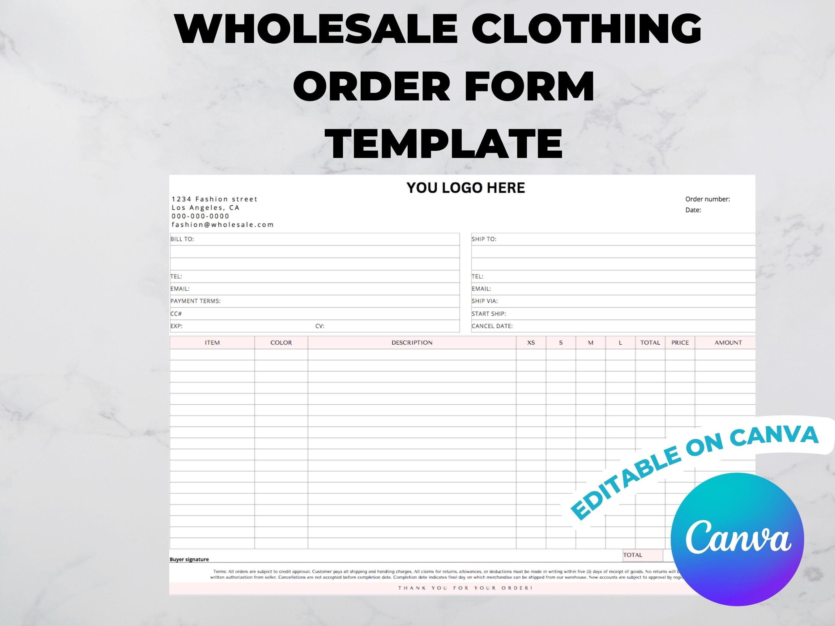 Wholesale Clothing Order Form Template INSTANT DOWNLOAD Fully