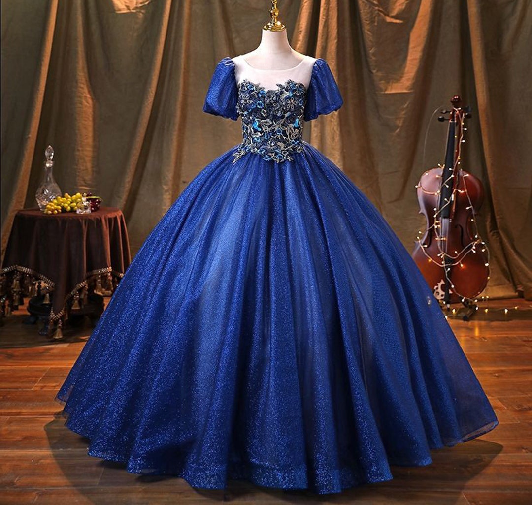 Royal Blue Tulle a Line Ball Gown,3d Lace Applique Wedding Dress,short Sleeve Formal Party Dress