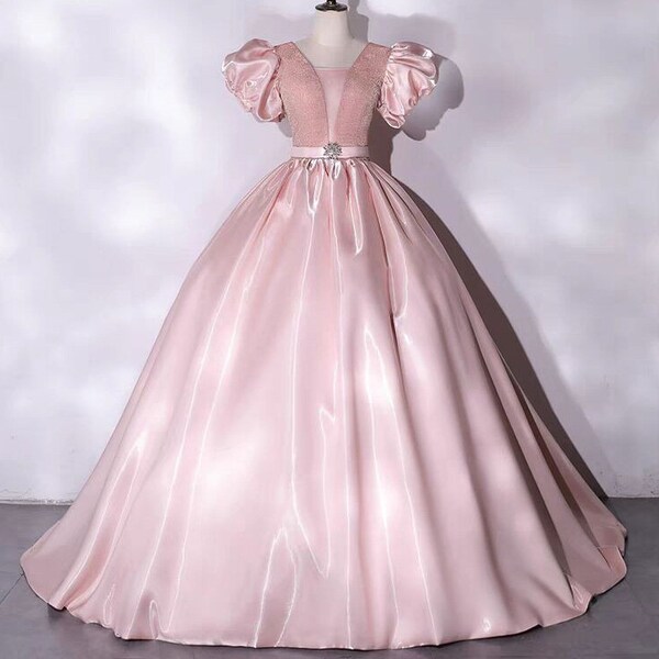 High Neck Ball Gown Short Sleeves Ruffles Girl Party Dress with  Rhinestones main image 1