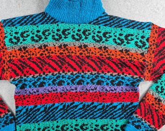 Gitano Sweater Women Large Multicolor Vintage 80s Animal Print Mock Neck Acrylic