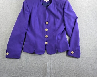 Blazer Morgan Miller para mujer, talla 8, morado, botones dorados, bajo festoneado, estilo vintage.
