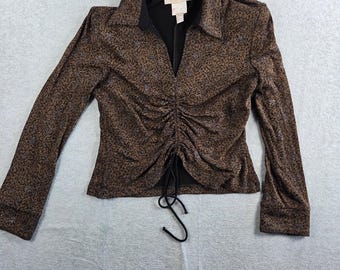 Joseph Ribkoff Blouse Womens 12 Brown Metallic Animal Print Ruched  Y2K Vintage