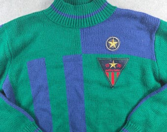 Suéter Geoffrey Hunter para hombre, talla L, verde y azul, con bloques de color, estilo vintage, cuello alto y parche.