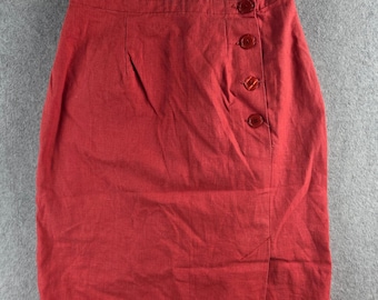 Fashion Options Midi Skirt Womens 8 Red Linen Blend Side Button Vintage Style