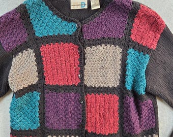 Paul Harris Design Cardigan Women Medium Black Patchwork Knit Ramie Sweater